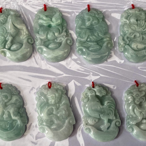 12 Chinese Zodiac Animals Green Jadeite Pendants with Silk Necklace Cord